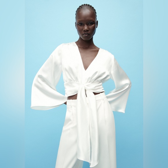 Zara size M Knotted Satin V-Neck Crop Top - Picture 1 of 10